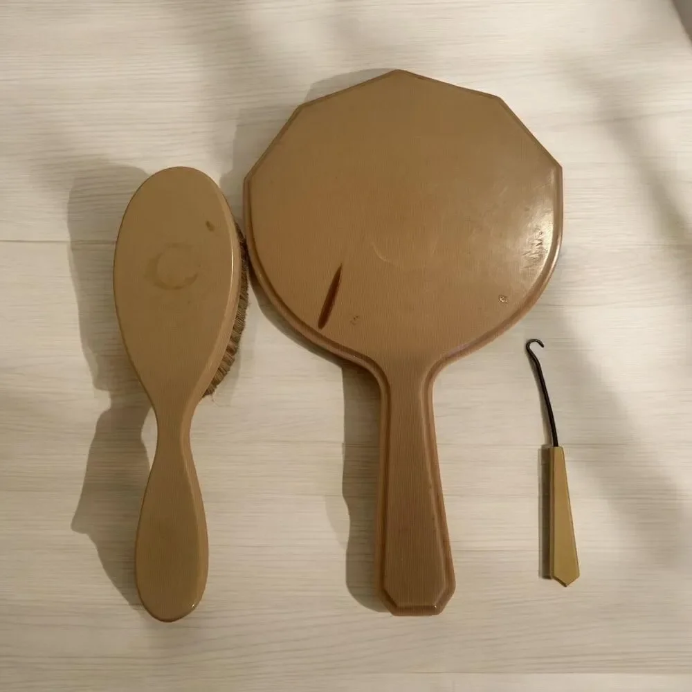 Vintage Yellow Celluloid Vanity Set, mirror, brush, button hook.